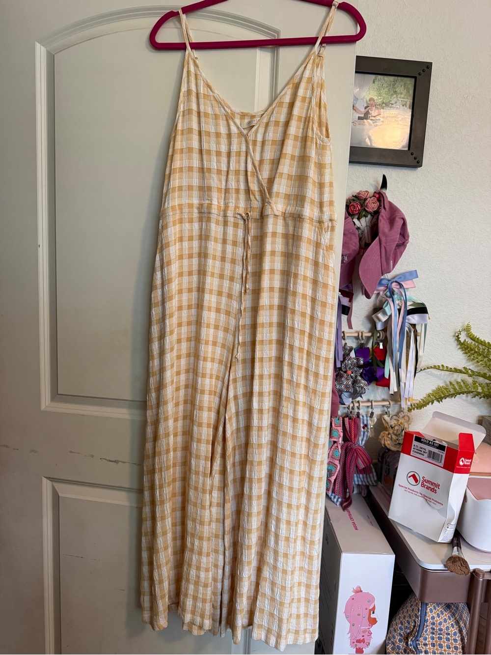 Christy Dawn Yellow Plaid Spaghetti-Strap Jumpsuit
